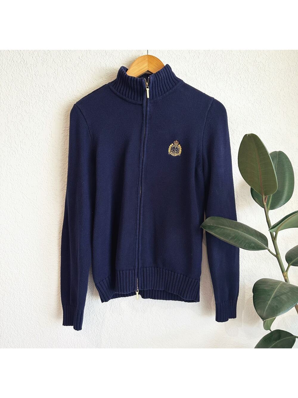 Ralph Lauren Full Zip Cardigan Sweater Large Embroidered Crest Preppy Old Money